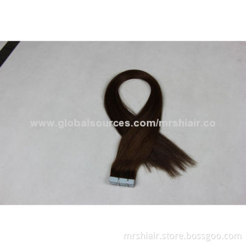 20-Inch dark brown color human virgin silk straight seamless tape weft hair extension